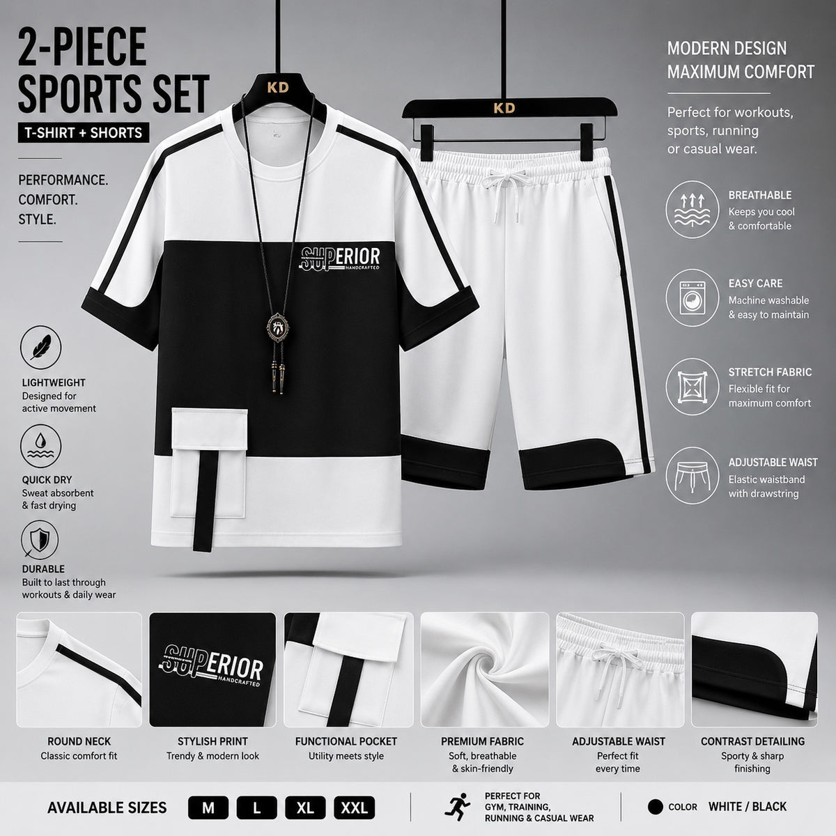 2-piece men's sports set with T-shirt and shorts in white and black