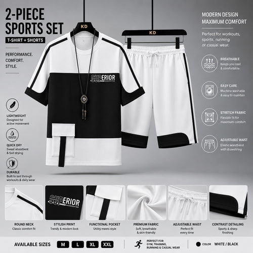 2-piece men's sports set with T-shirt and shorts in white and black