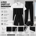 Unbranded black and white 4-piece men's sports set with polo shirt, trousers, shorts and cap