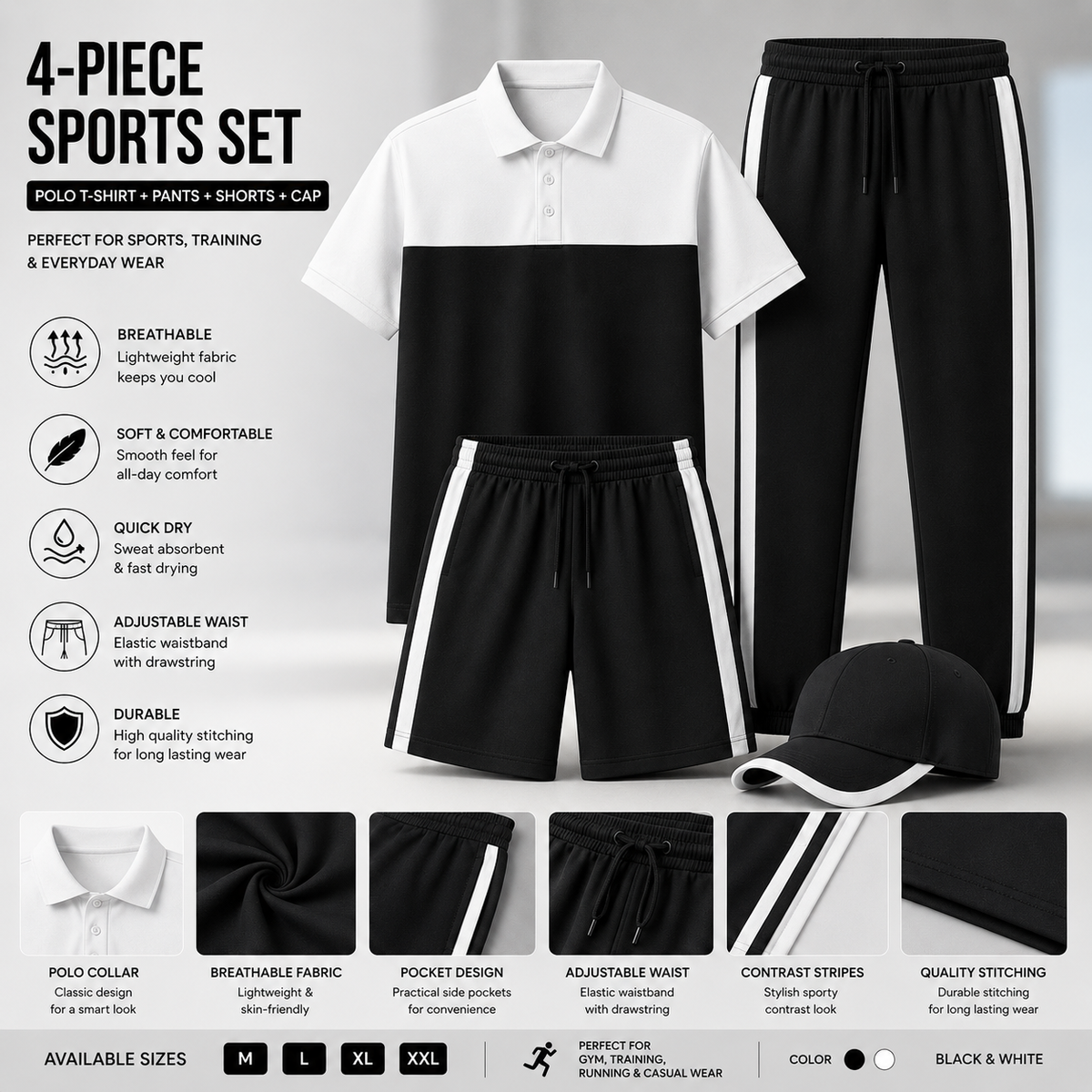 Unbranded black and white 4-piece men's sports set with polo shirt, trousers, shorts and cap