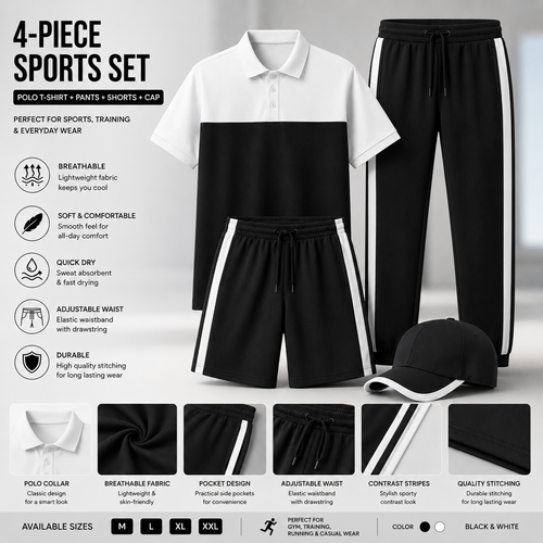 Unbranded black and white 4-piece men's sports set with polo shirt, trousers, shorts and cap