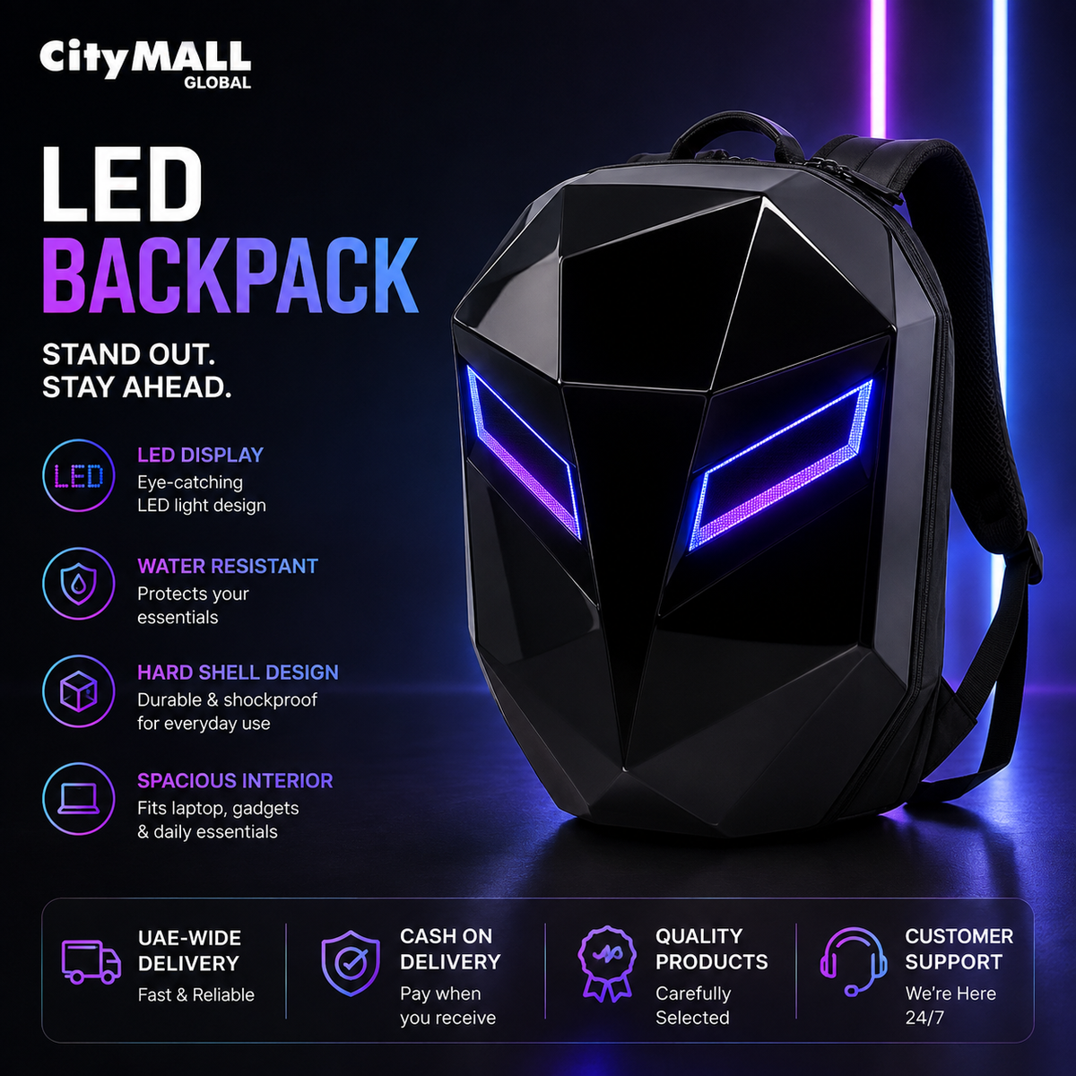 LED Black Knight backpack with illuminated front display and power bank