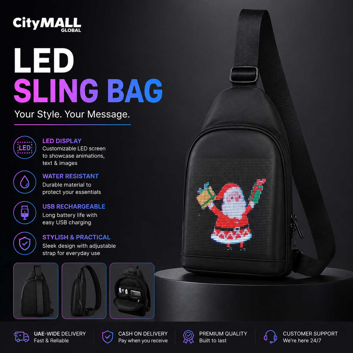 Black LED messenger bag with illuminated front panel and power bank