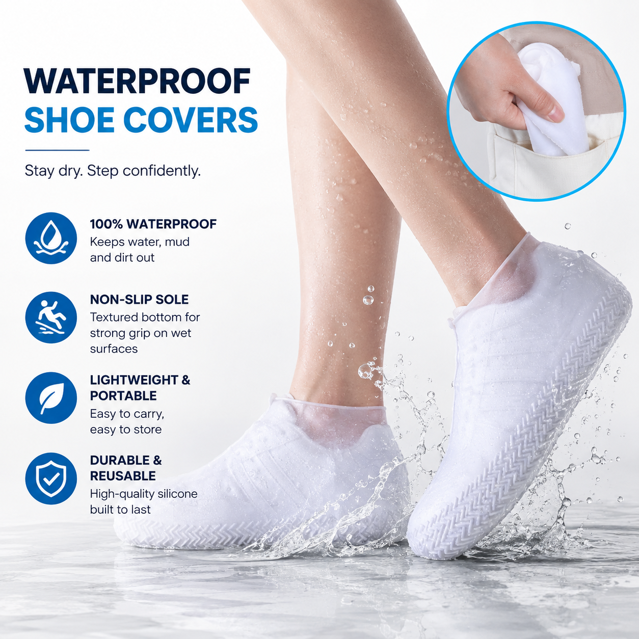 Reusable waterproof silicone shoe covers with textured anti-slip soles