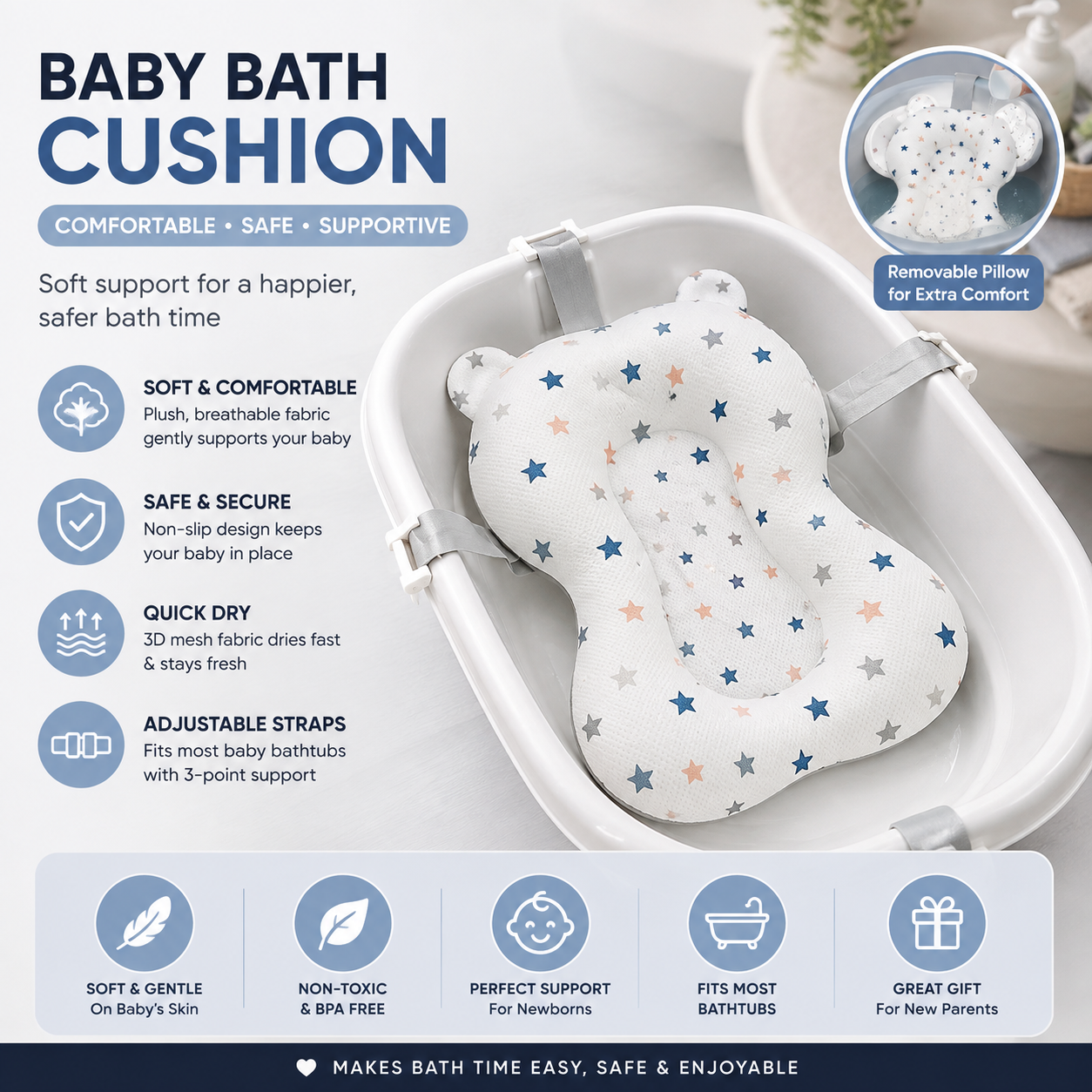 Soft baby bath support cushion with straps and star-print design