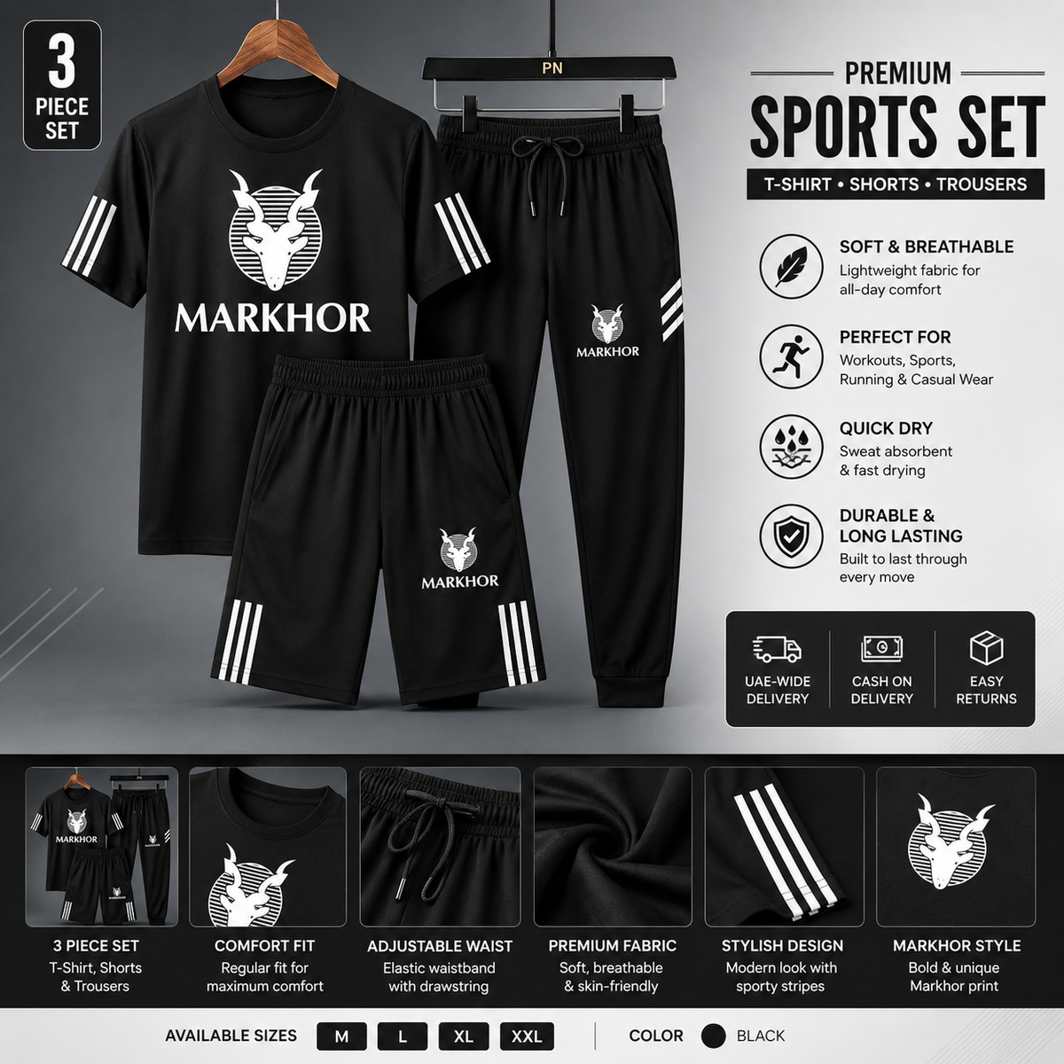 Markhor 3-Piece Men's Sports Set – T-Shirt, Shorts & Trousers