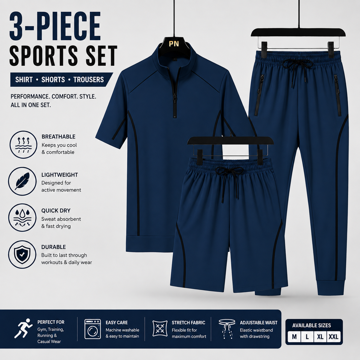 3-Piece Men's Sports Set – Shirt, Shorts & Trousers