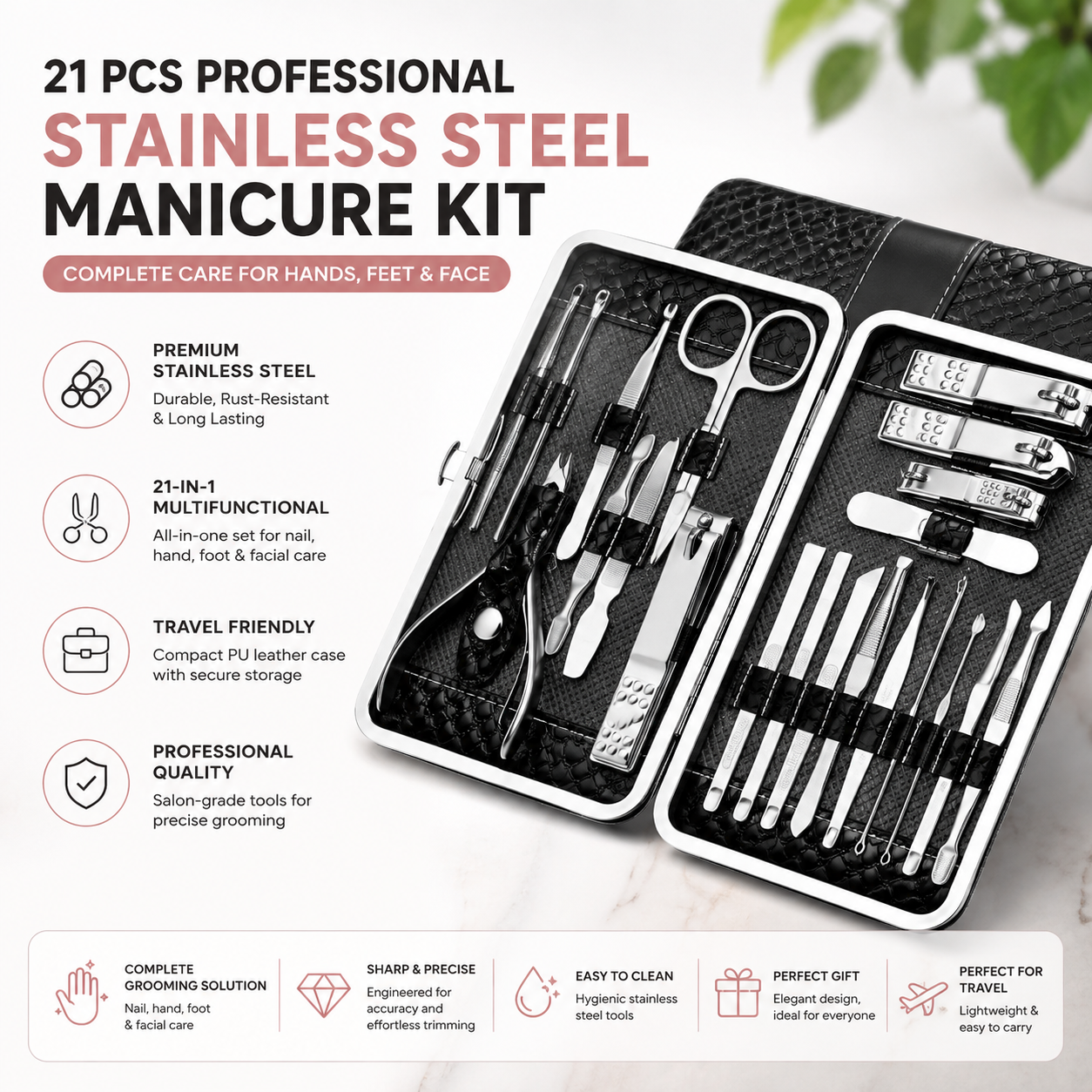 21-piece professional stainless steel manicure and pedicure kit in black travel case