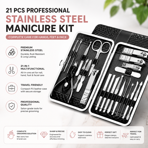 21-piece professional stainless steel manicure and pedicure kit in black travel case