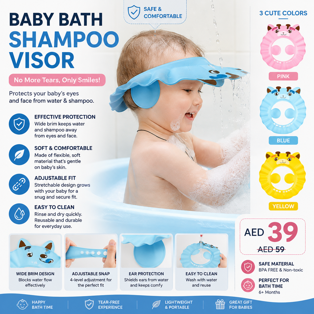 Adjustable baby shampoo visor in pink, blue and yellow