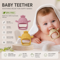 BPA-free silicone baby teether in pink, yellow and cream