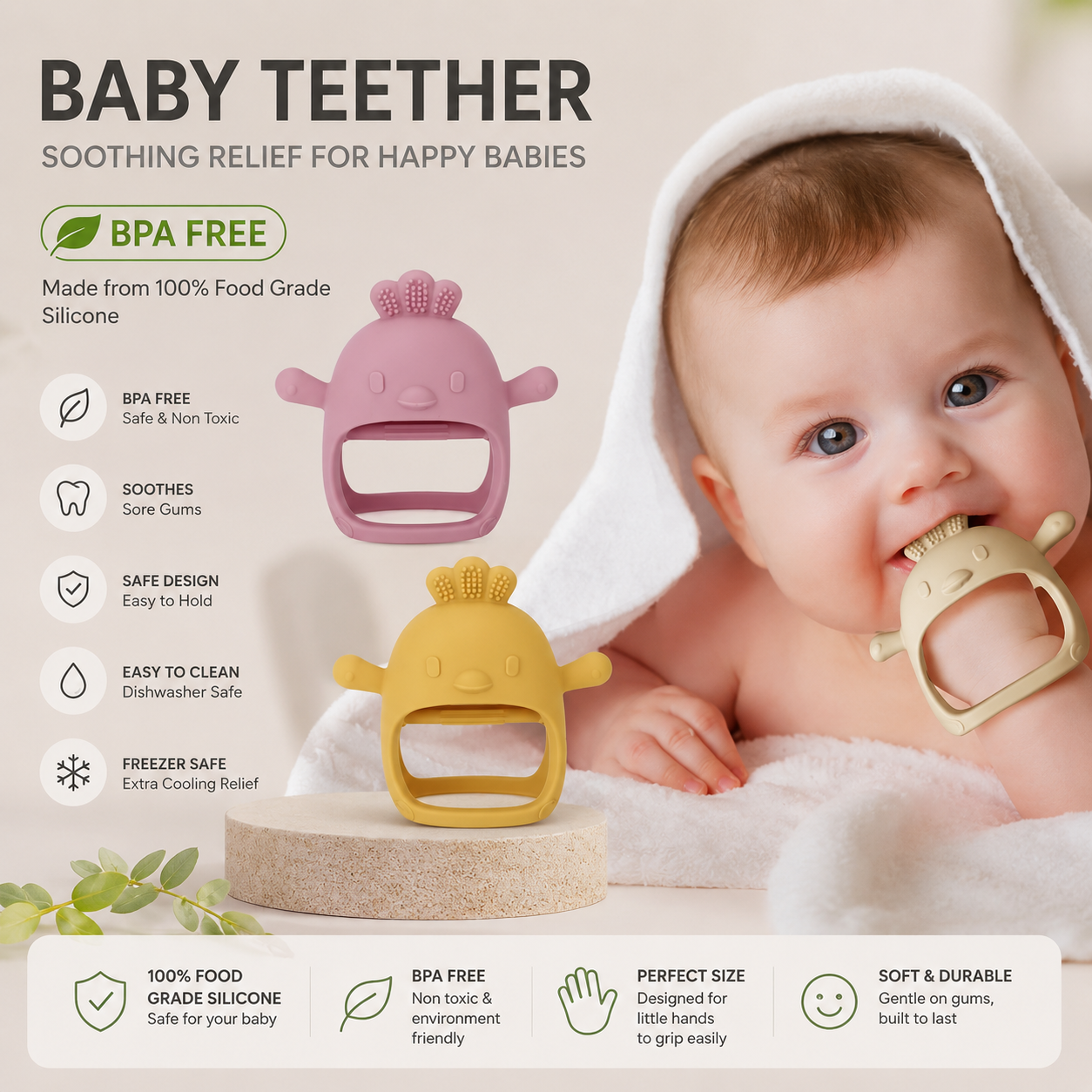 BPA-free silicone baby teether in pink, yellow and cream