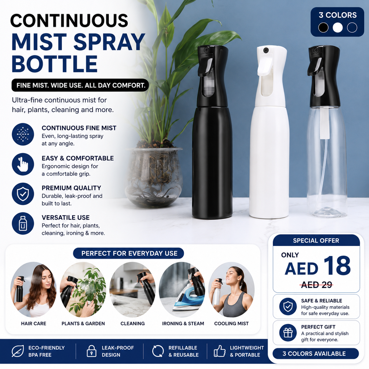 Continuous fine mist spray bottle in black, white and transparent colors