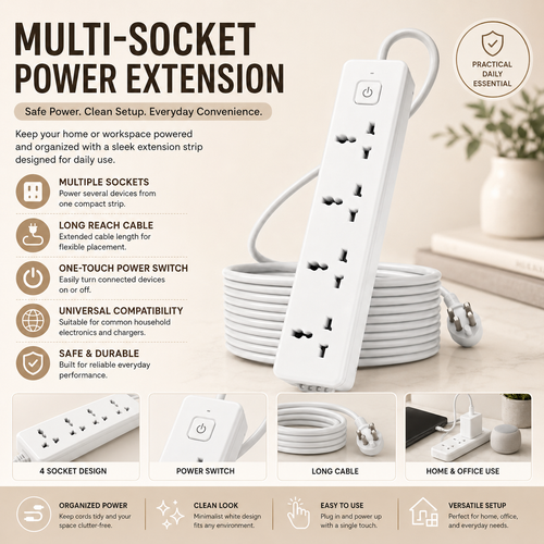 Multi-socket power extension strip with four universal sockets, power switch and long cable