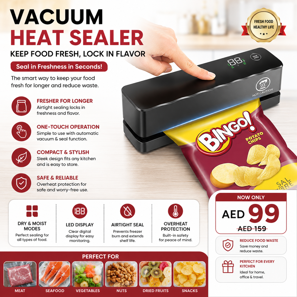 Compact automatic vacuum heat sealer for food storage