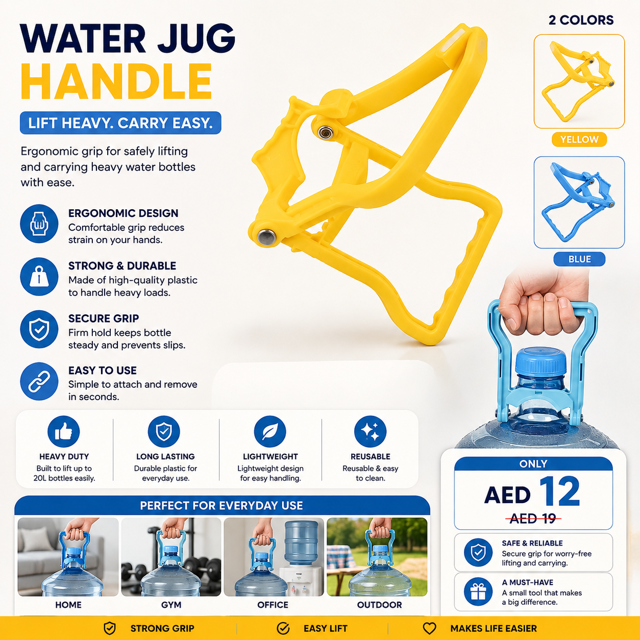 Ergonomic water jug lifting handle for large water bottles