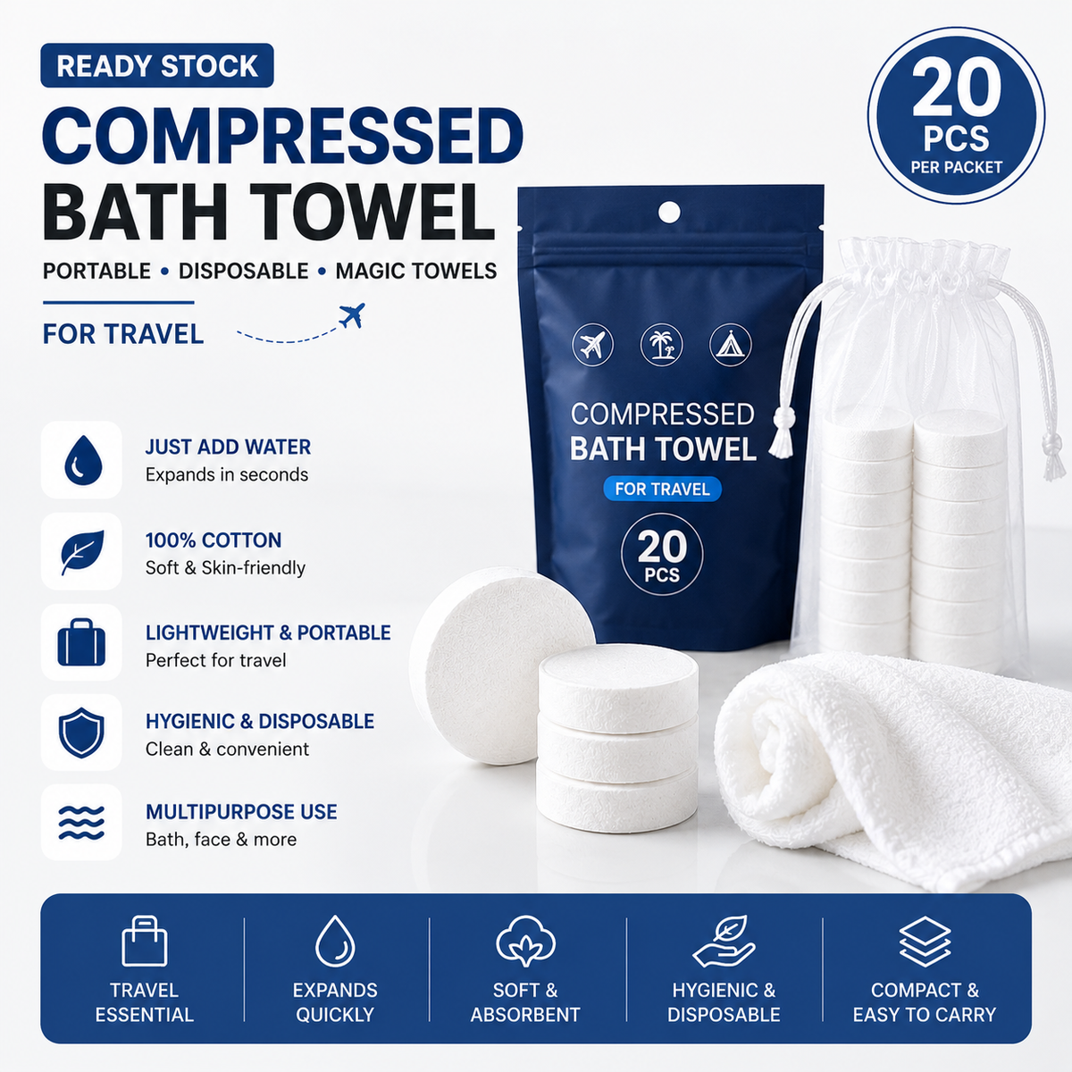 Compressed bath towel 20 pieces travel pack