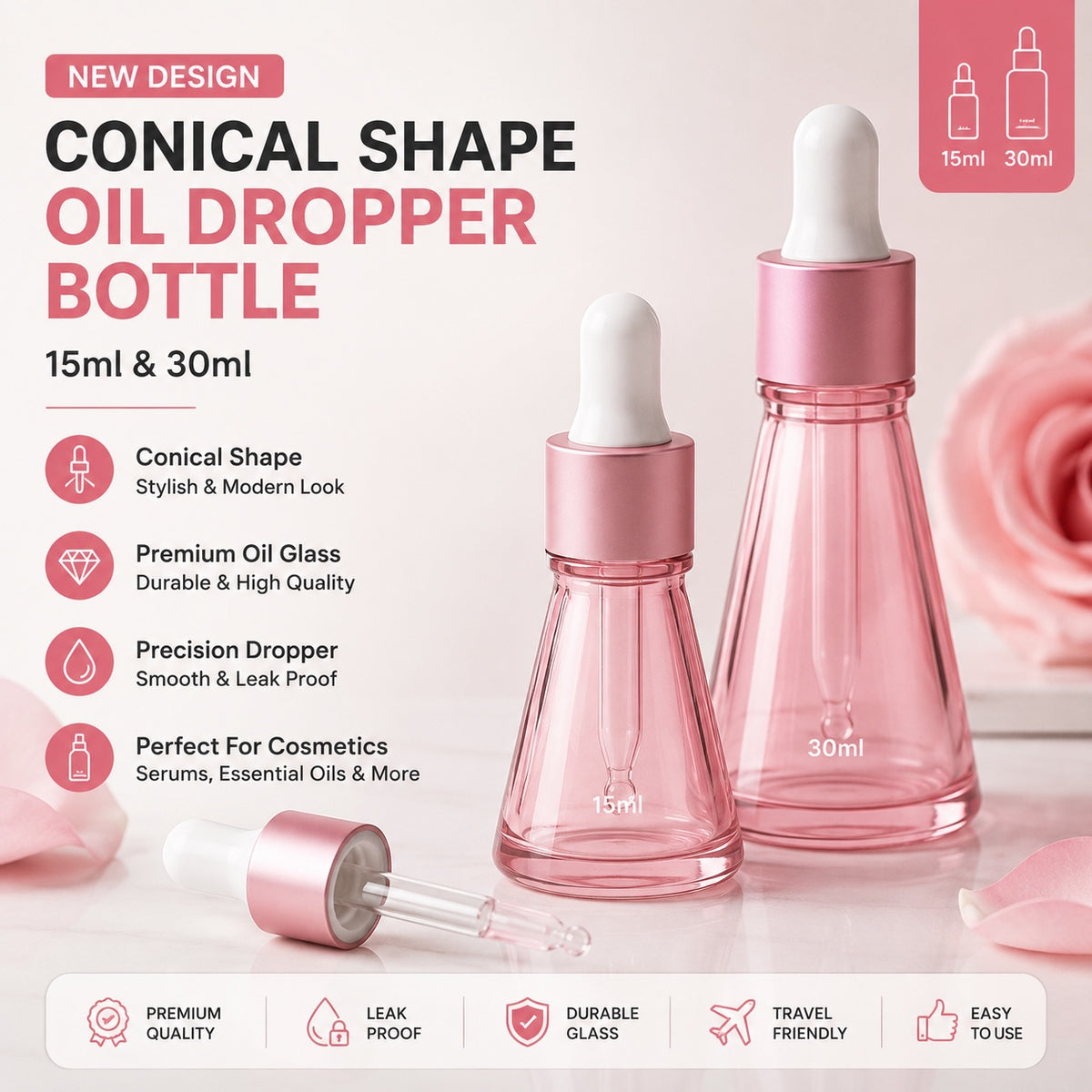 Pink conical oil dropper bottle in 15ml and 30ml sizes