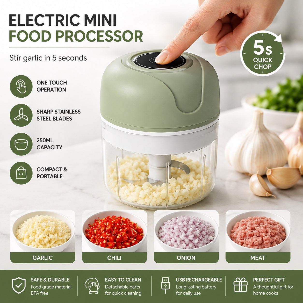 Electric Mini Food Processor - one touch rechargeable mini chopper