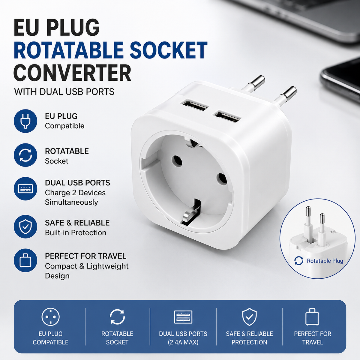 EU plug rotatable socket converter with dual USB ports