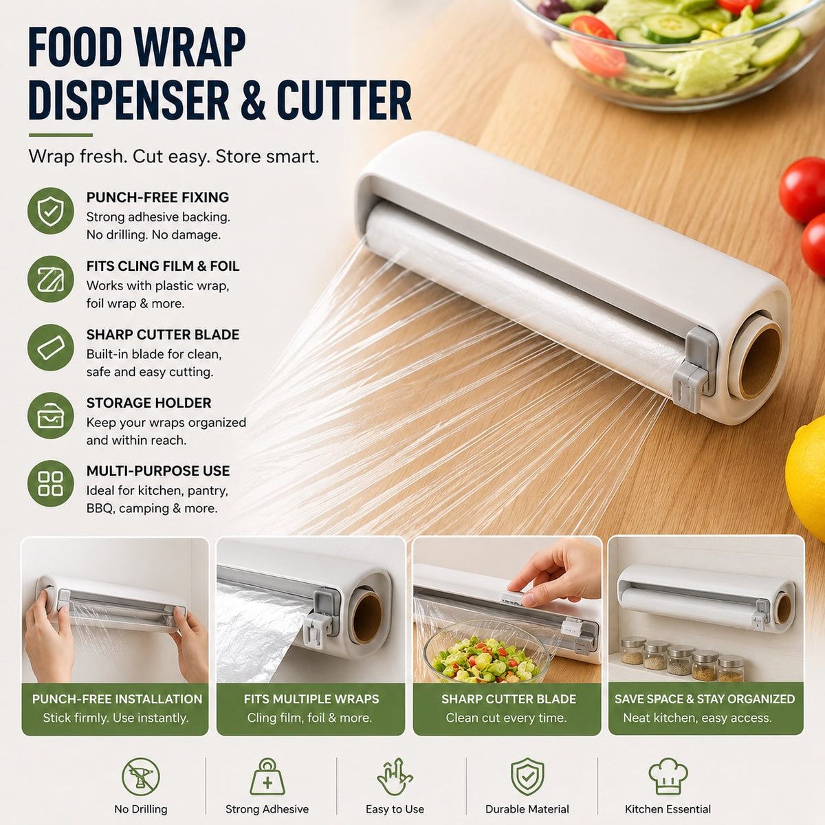 Food Wrap Dispenser & Cutter with feature description
