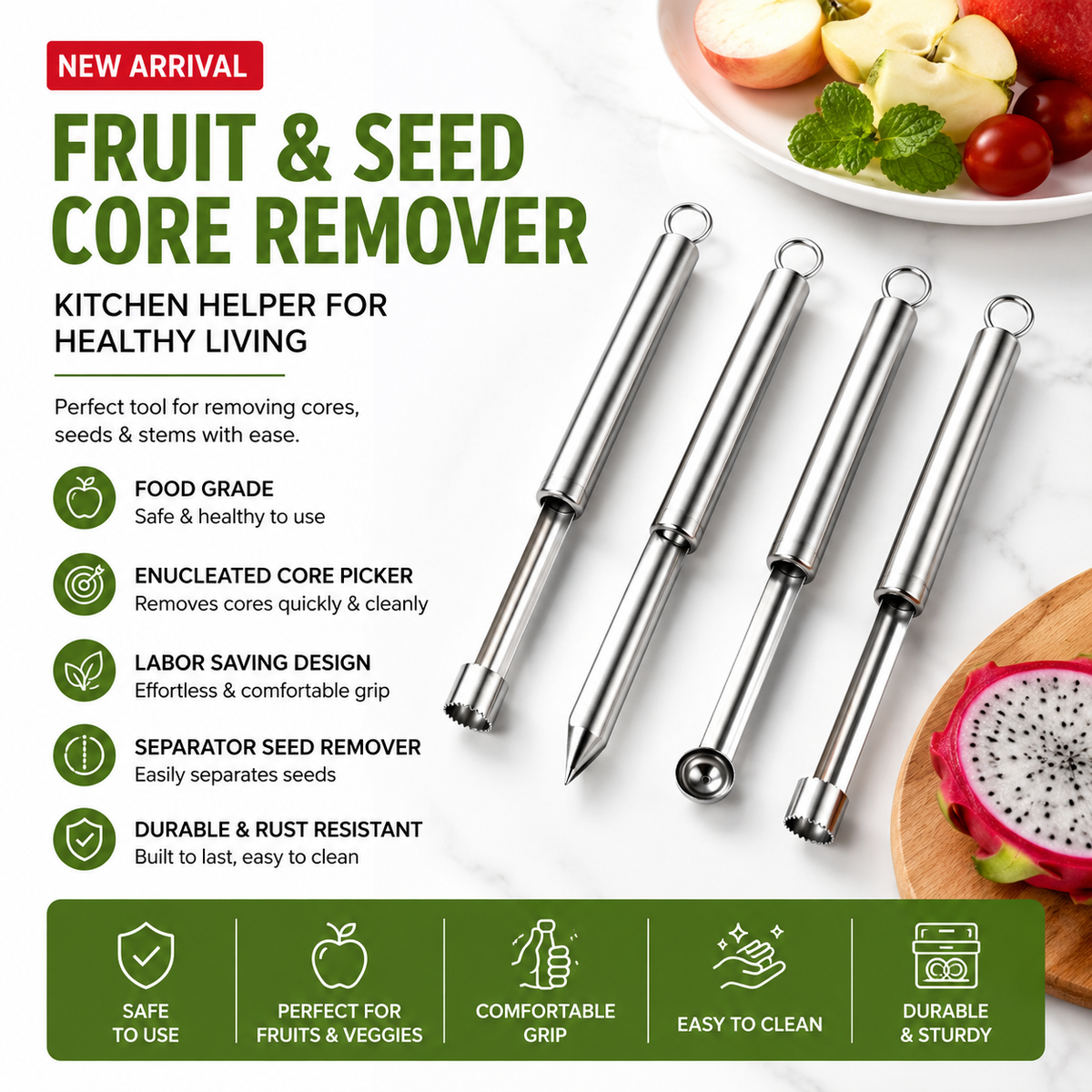 Stainless steel fruit and seed core remover kitchen tool
