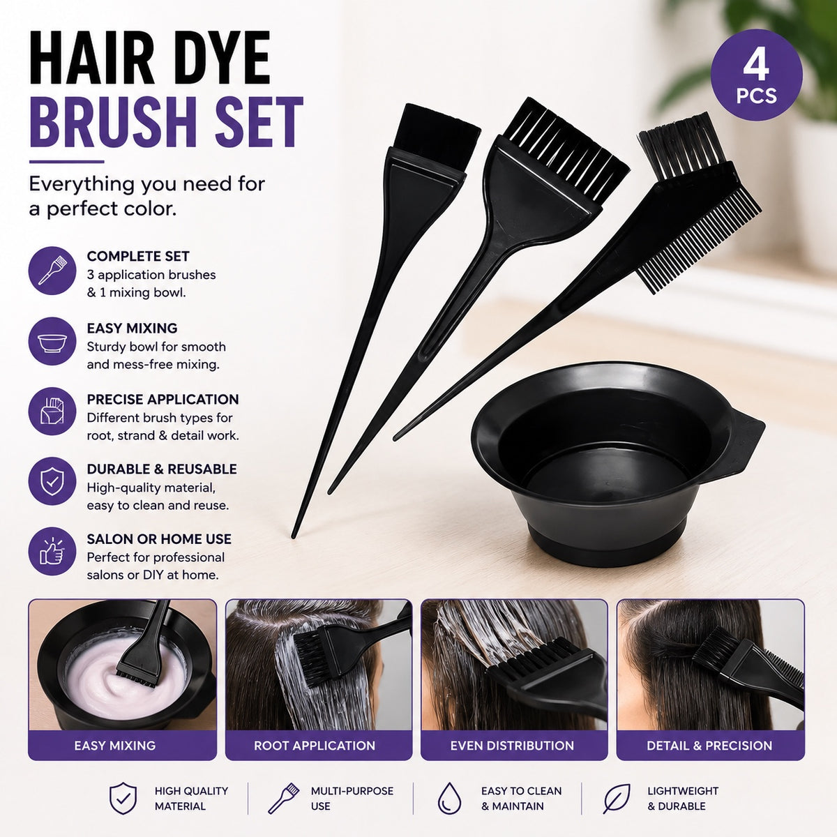 Hair dye brush set with three application brushes and mixing bowl