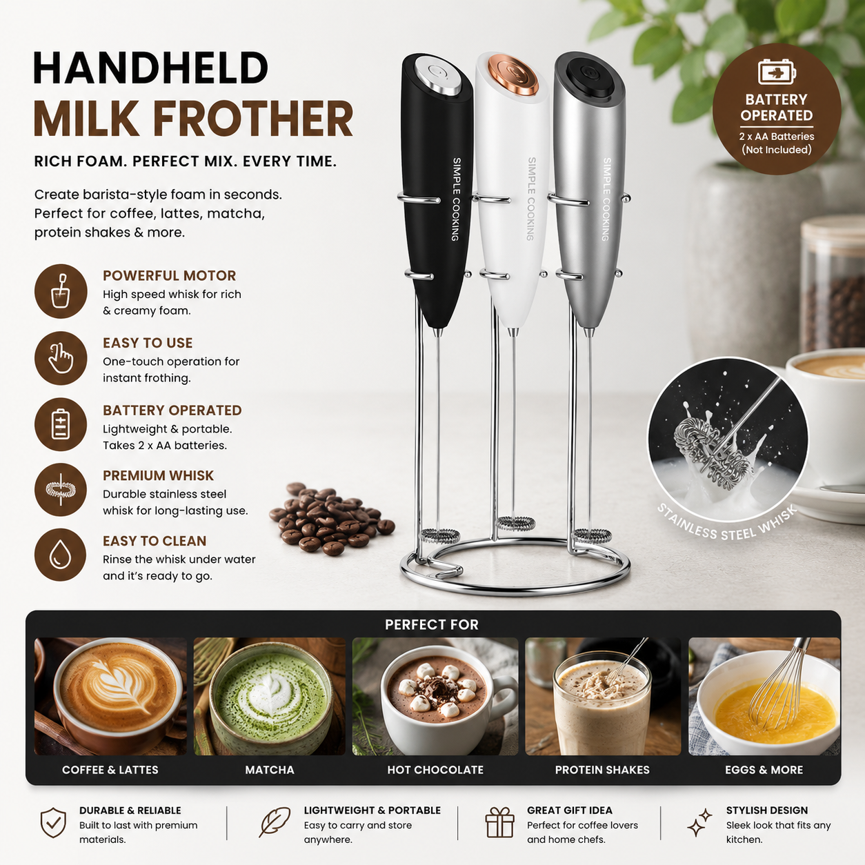 Handheld electric milk frother in black, white and silver
