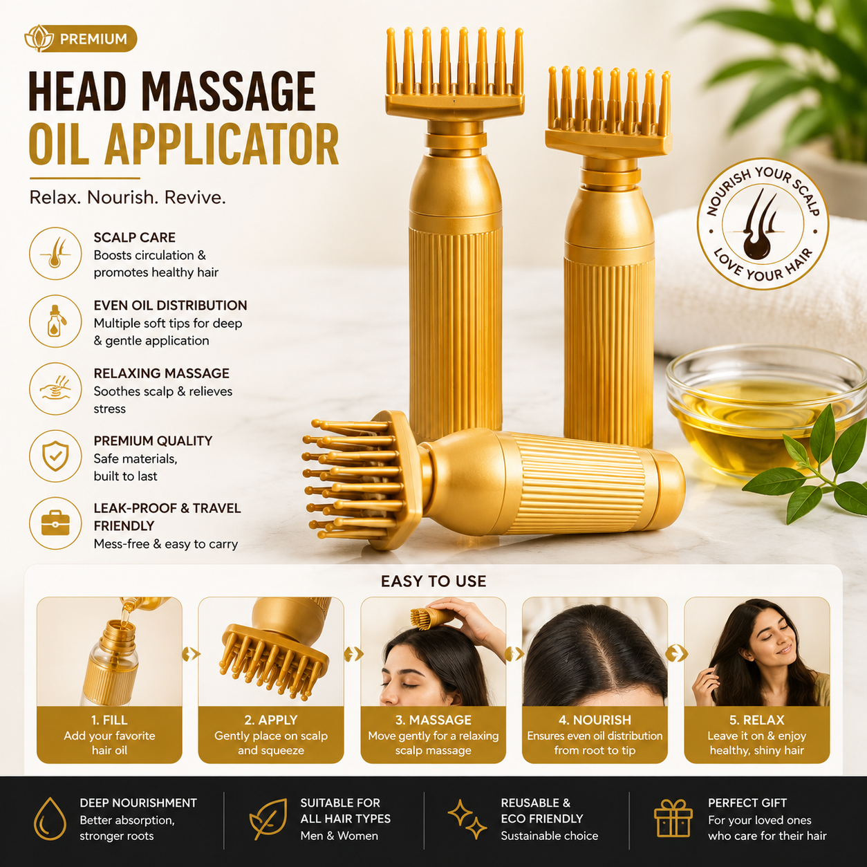 Head massage oil applicator for scalp oil application