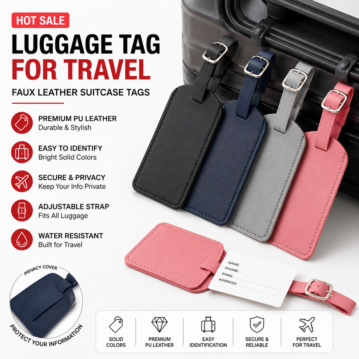 PU leather luggage tag for travel in assorted solid colors