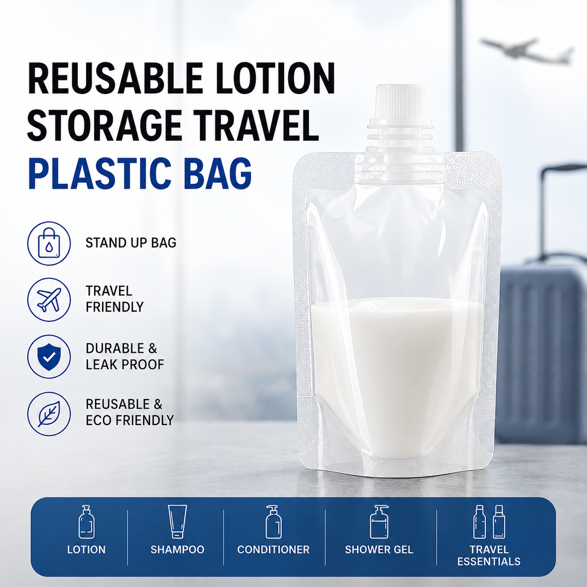 Reusable travel lotion and toiletry pouch