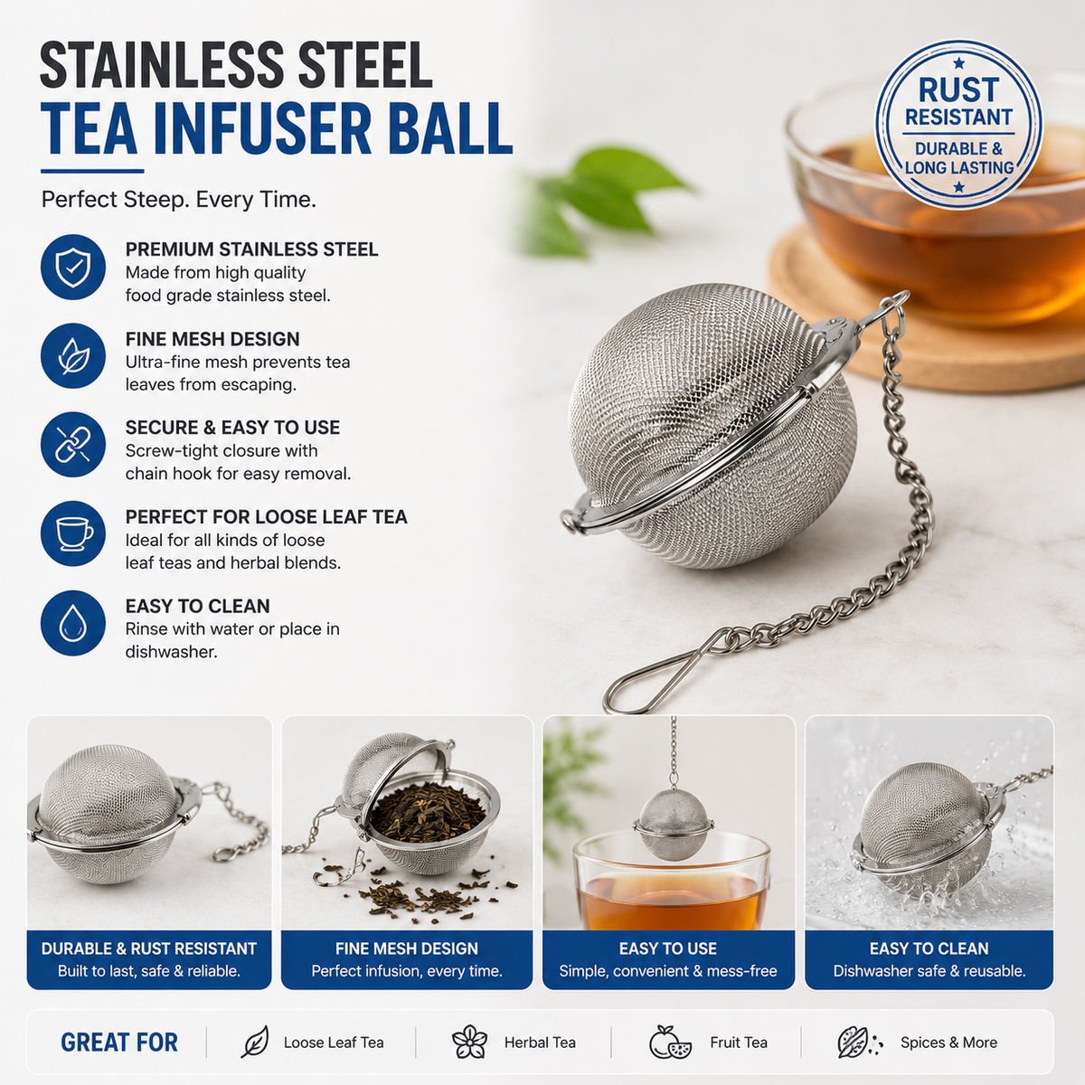 Stainless steel tea infuser ball features and uses