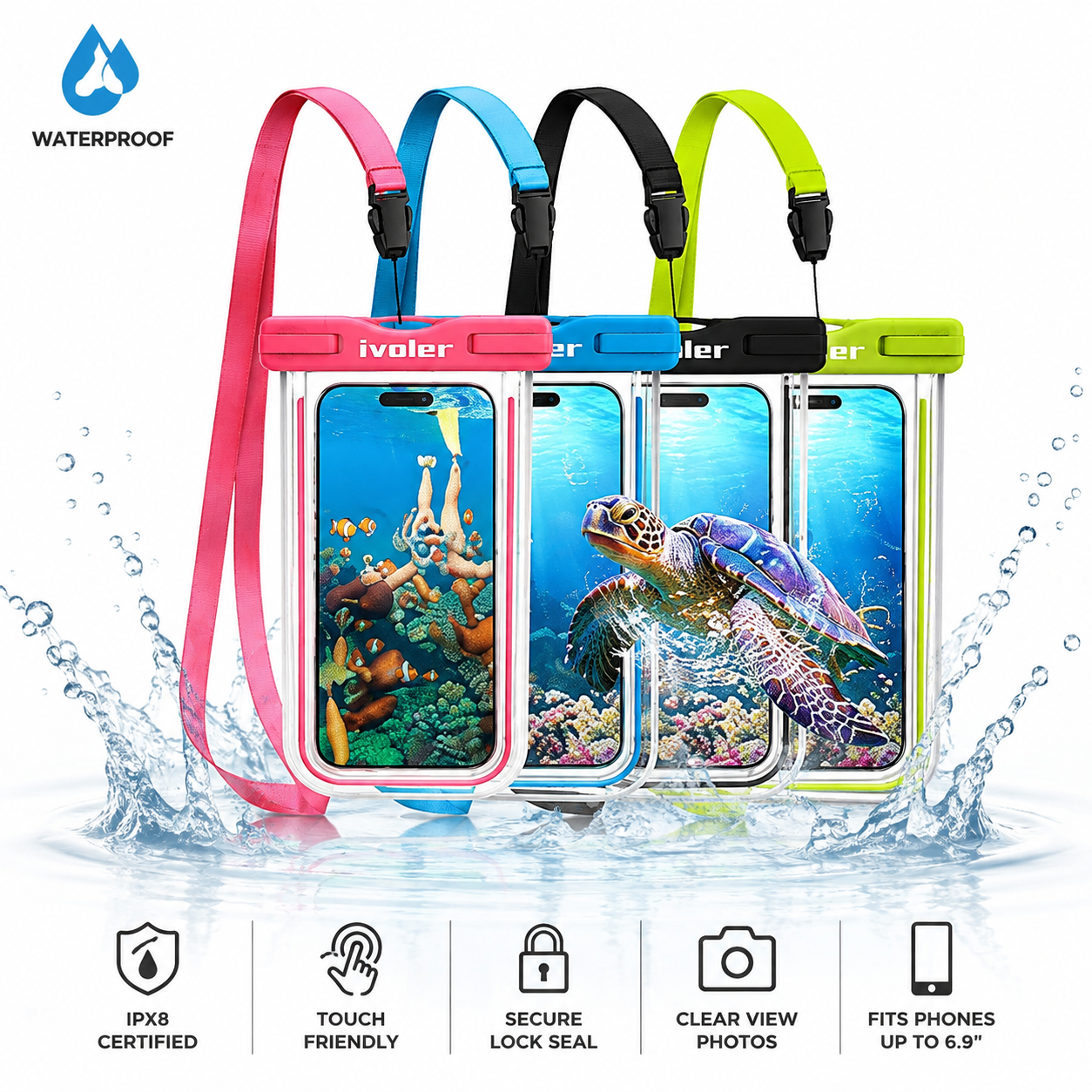 Waterproof phone pouch with adjustable lanyard in multiple colors