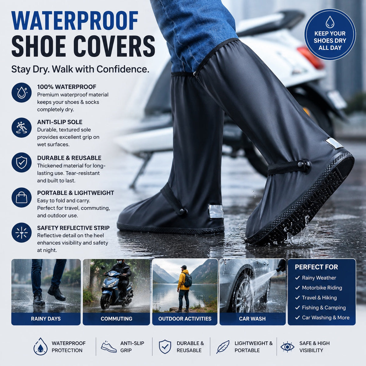 Waterproof shoe covers with anti-slip sole, reflective strip and reusable waterproof design