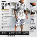 White and black printed 2-piece men's casual set with T-shirt and shorts