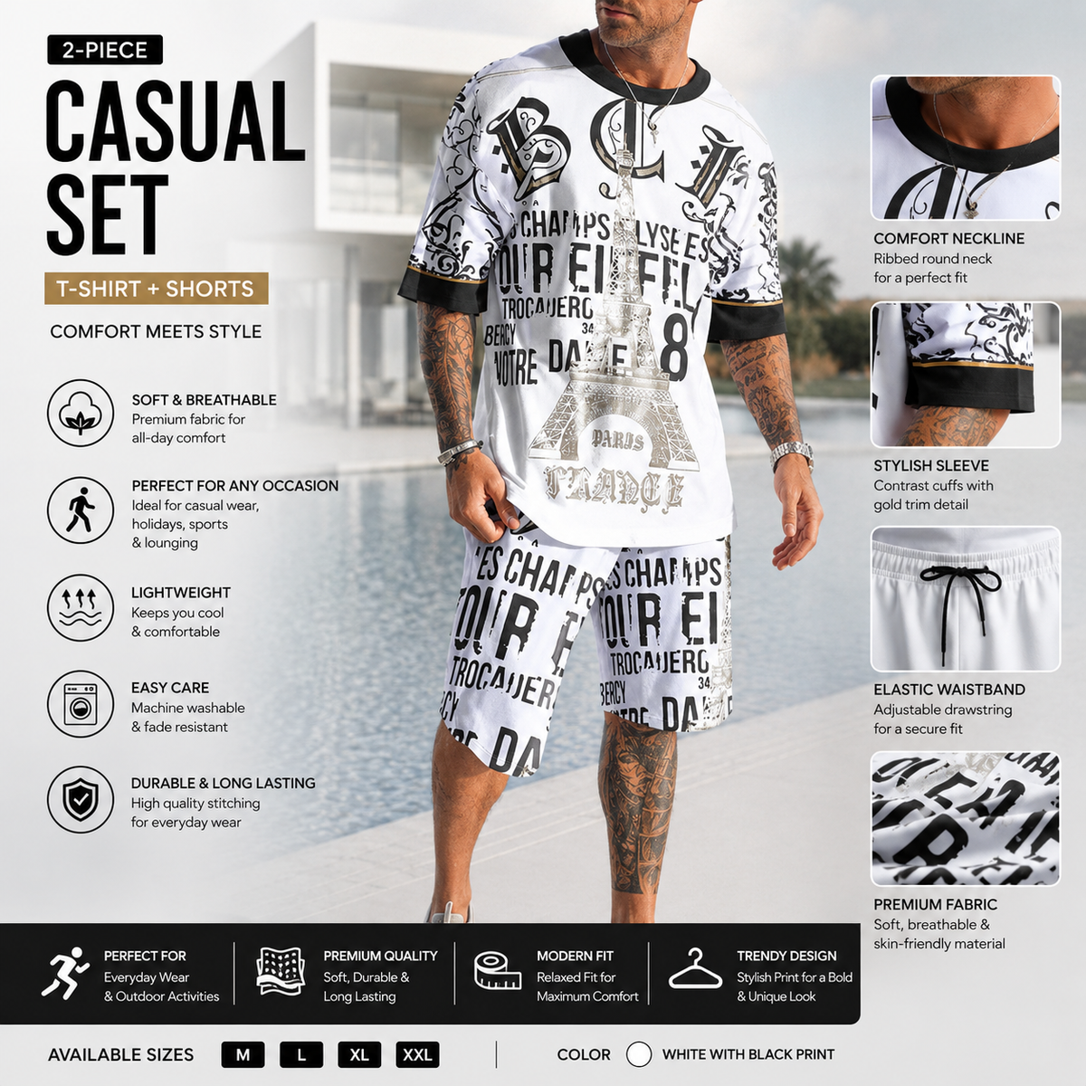 White and black printed 2-piece men's casual set with T-shirt and shorts