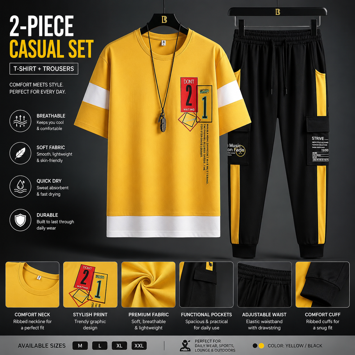 Yellow and black 2-piece men's casual set with T-shirt and trousers